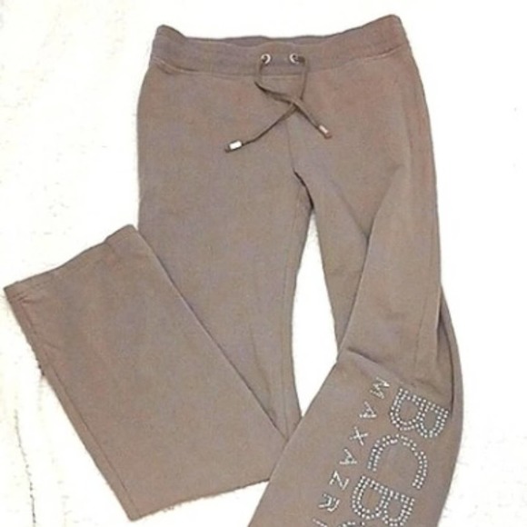 BCBGMaxAzria Lounge Pants Sz S Sparkle Studs Beads Letters TAUPE TAN - Picture 3 of 14